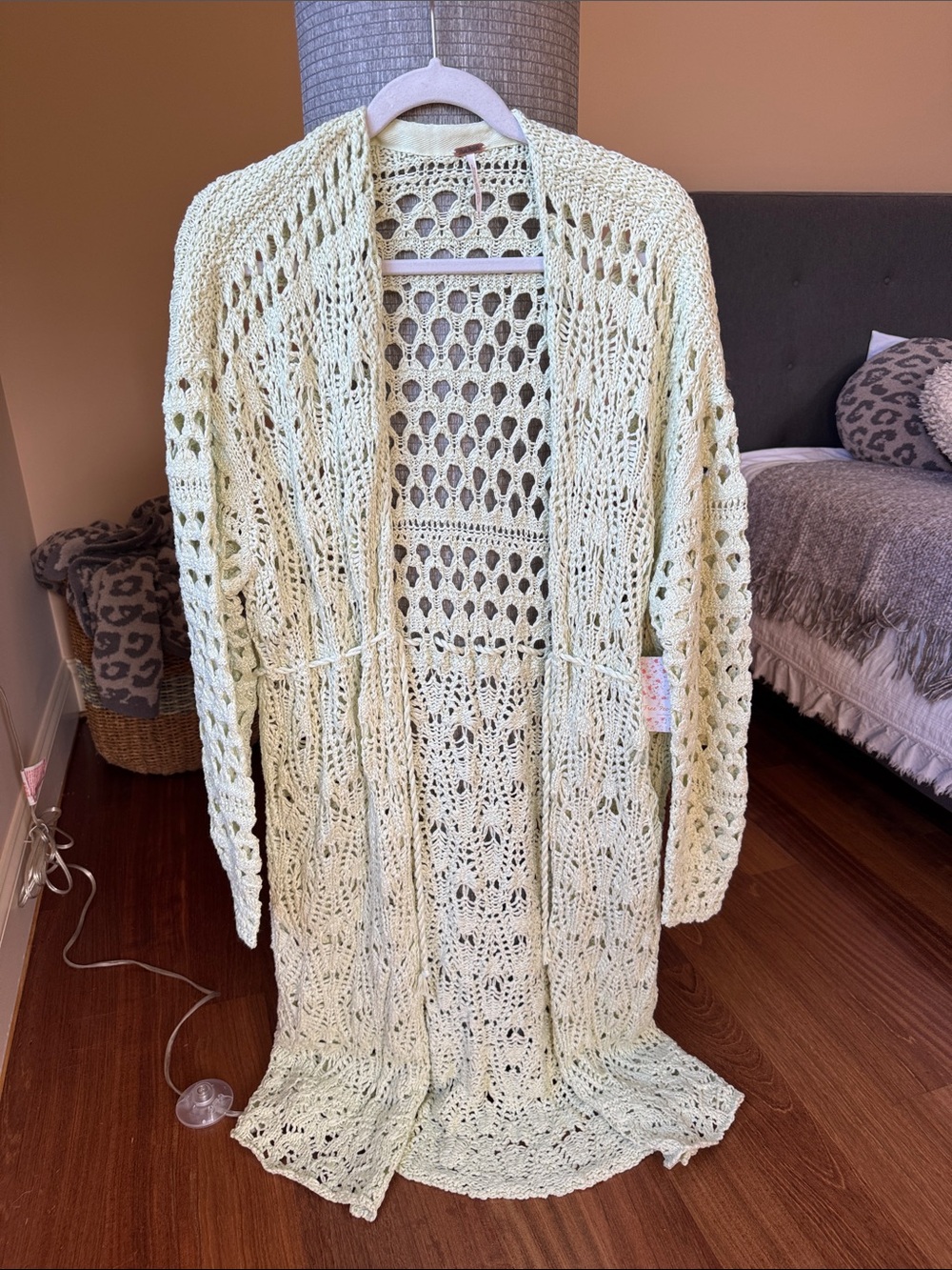 Free People Mint Green Crochet Open-Front Cardigan with Tie